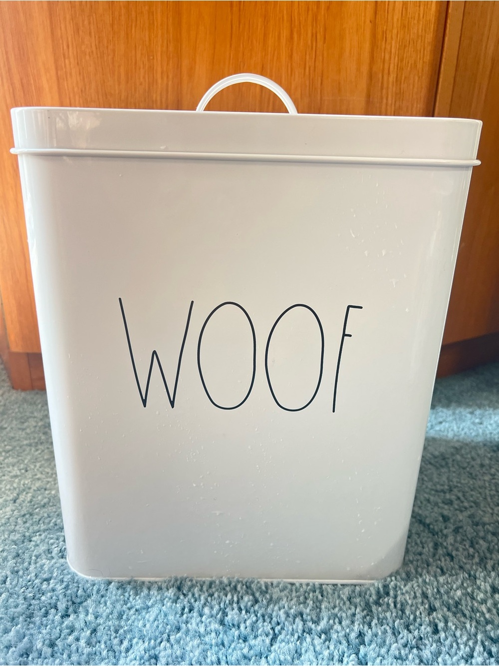 Rae Dunn White 'WOOF' Metal Dog Treat Canister Toy Container